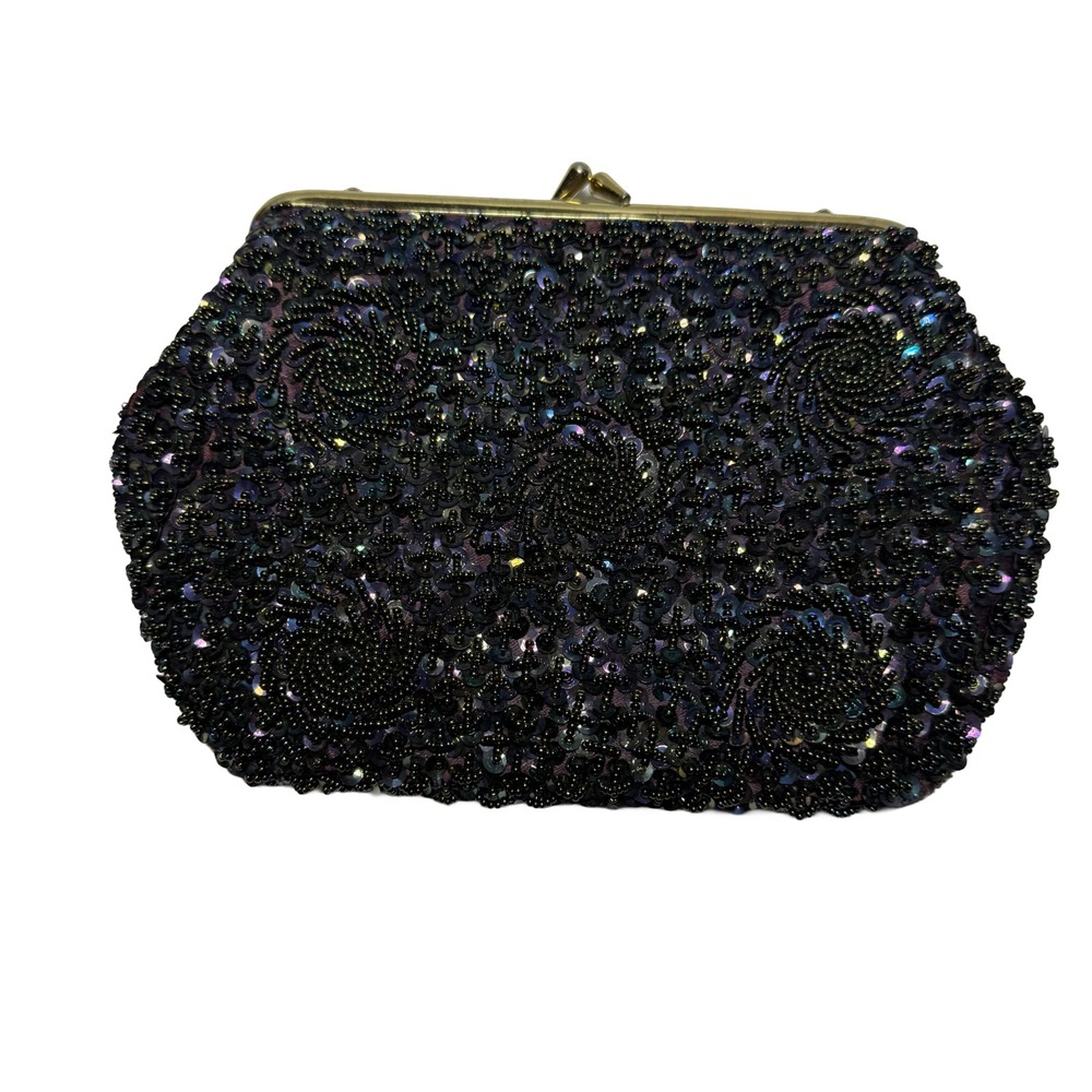 Vtg Purple Iridescent Sequin Beaded Cocktail Purse Gold Clasp Evening Clutch